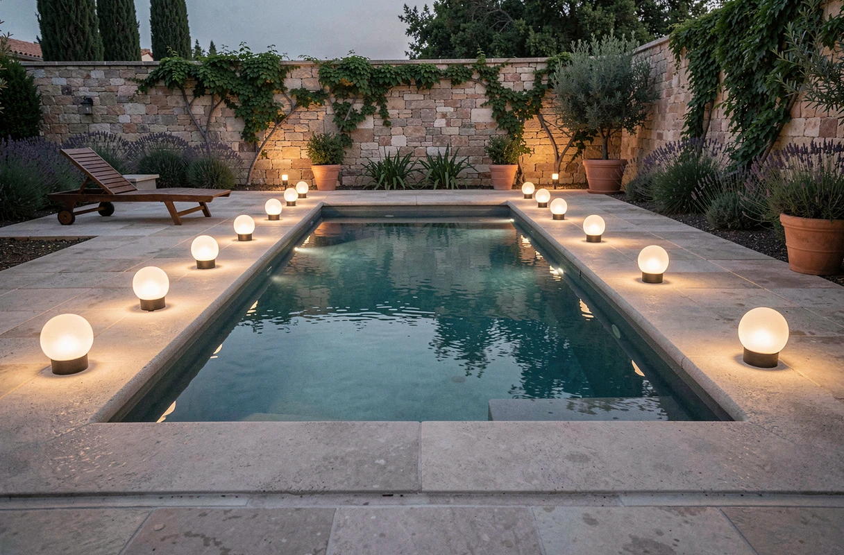 Piscine enterrée illuminée par des bornes solaires disposées tout autour lors d'une soirée estivale
