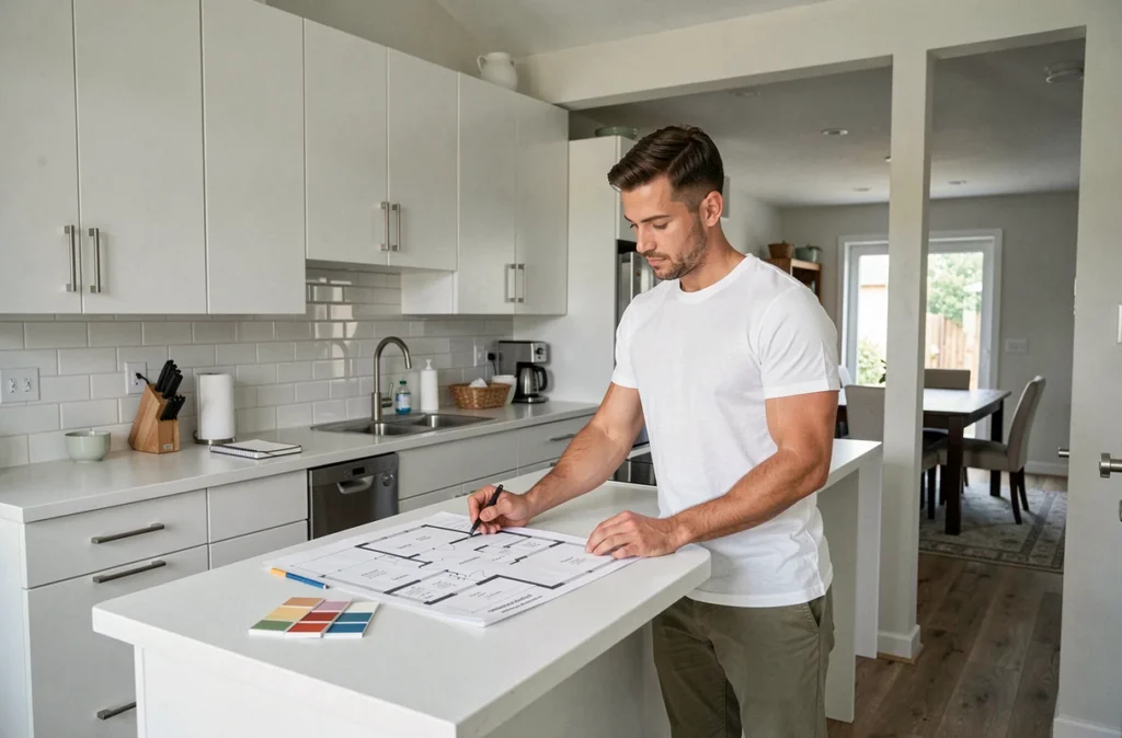 Homme consultant un plan d'aménagement dans une cuisine moderne ouverte