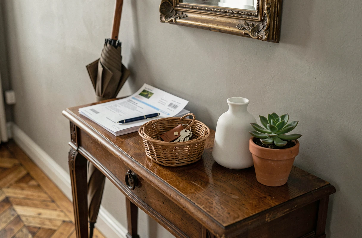 Gros plan sur un plateau d'entrée organisé avec clés, courrier, plante succulente et diffuseur sur une console de couloir