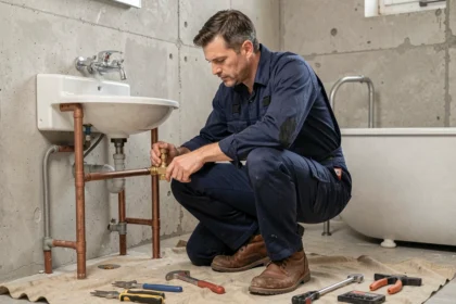 Plombier professionnel installant des raccords en cuivre dans une salle de bain en cours de rénovation avec son kit d'outils