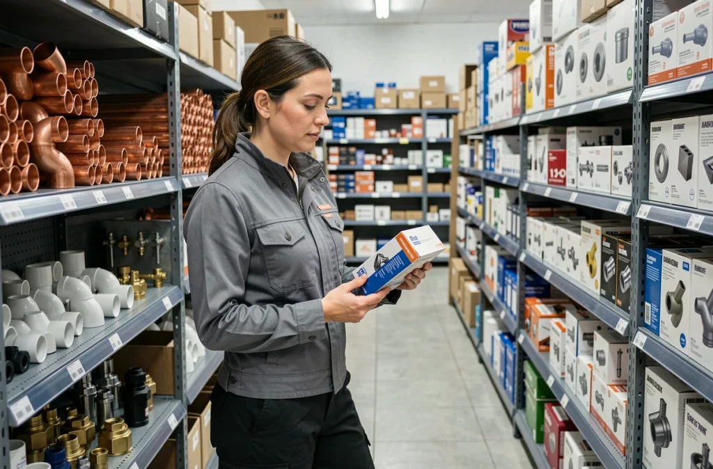 Plombière professionnelle choisissant des raccords et accessoires de plomberie en magasin pour préparer un chantier de salle de bain