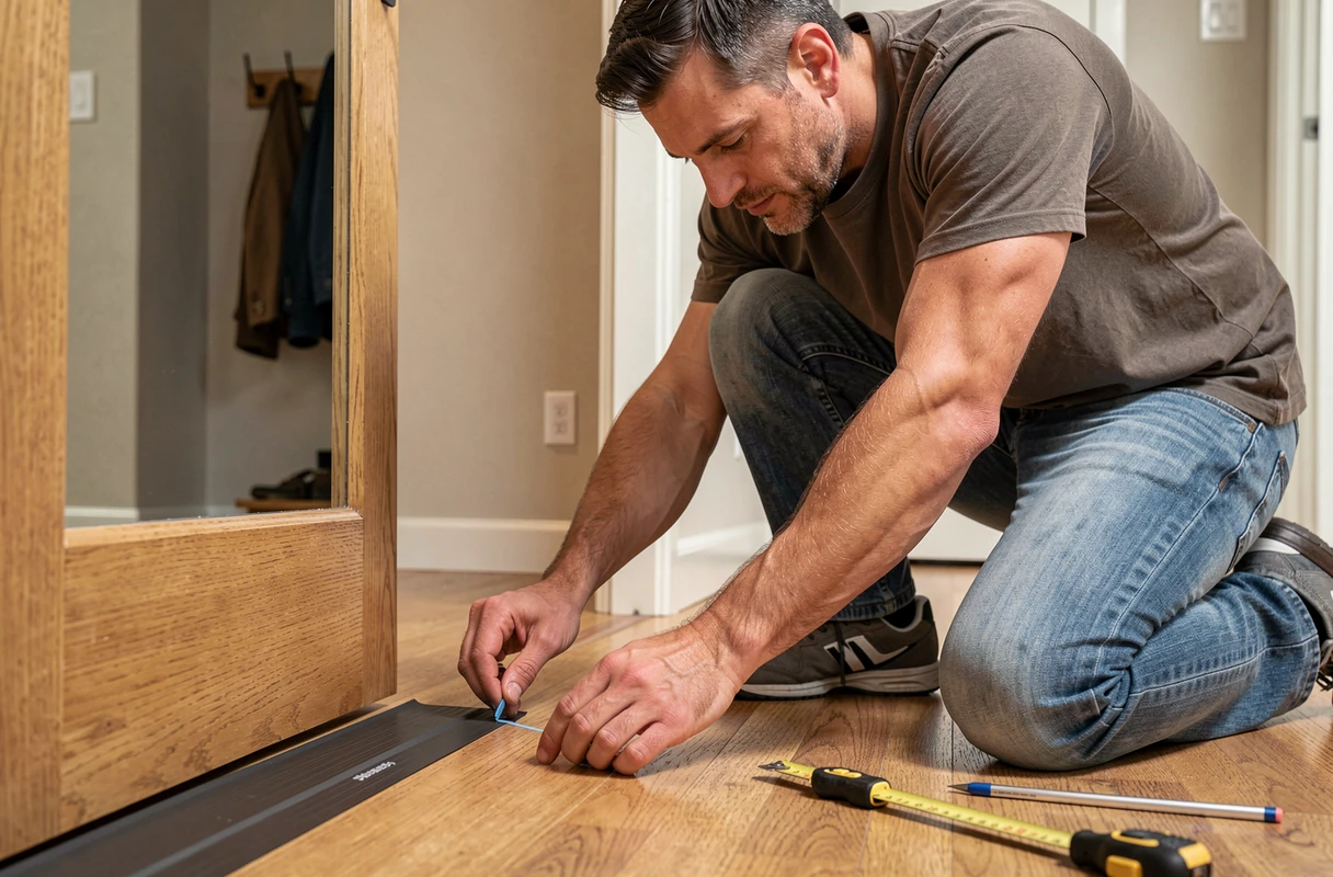 Homme posant un joint d'isolation phonique sous une porte intérieure pour limiter les bruits entre les pièces