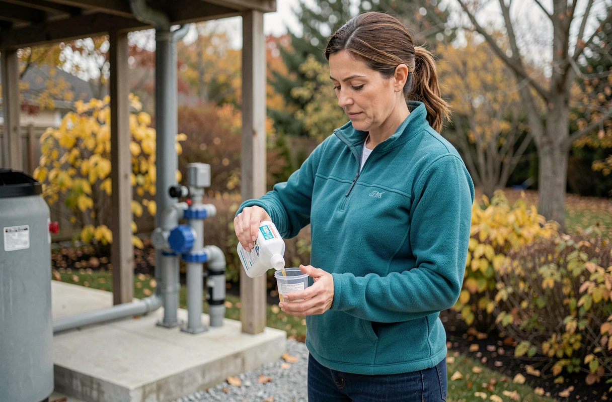 Femme dosant les produits chimiques d'hivernage pour une piscine extérieure résidentielle en automne
