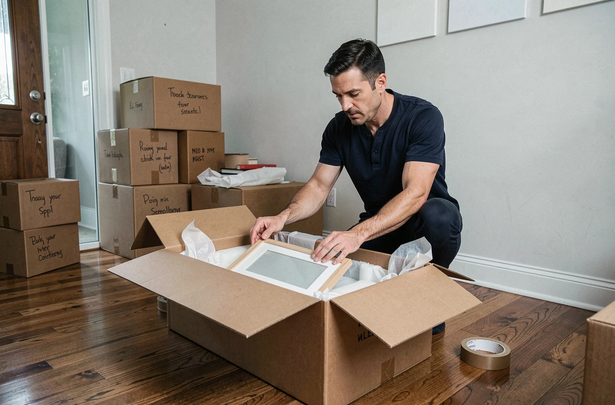 Homme emballant un cadre photo dans un carton de déménagement tapissé de mousse et de papier froissé dans un couloir d'appartement