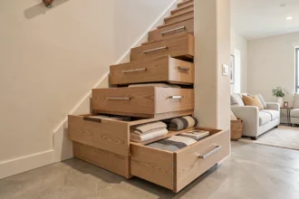 Rangement sous escalier avec tiroirs en bois sur mesure intégrés dans une maison moderne