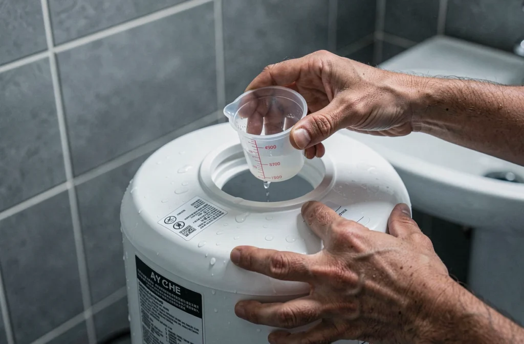 Remplissage du réservoir d'eau du nettoyeur vapeur SilverCrest avec une carafe doseur