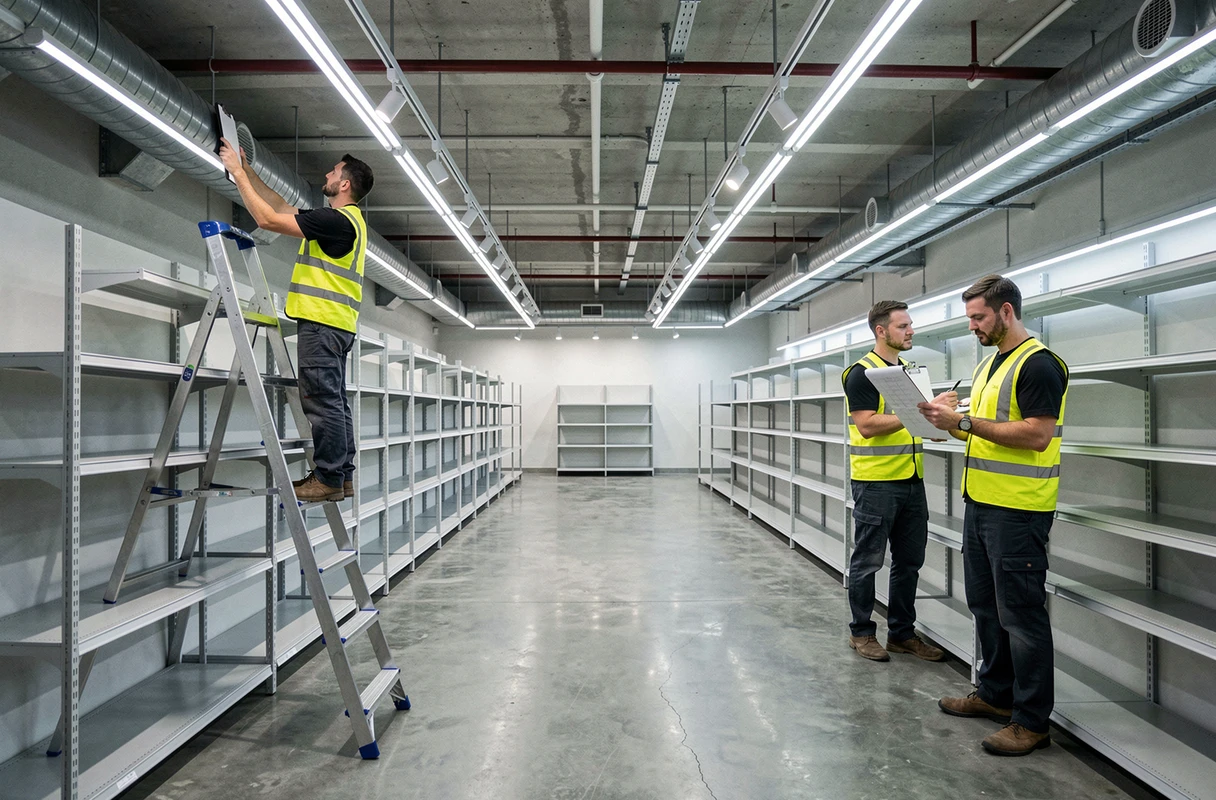 Deux techniciens remplaçant des tubes fluorescents par des éclairages LED dans un commerce en cours de rénovation énergétique
