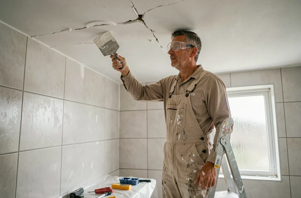 Artisan en train de reboucher une fissure au plafond après un dégât des eaux dans une salle de bain