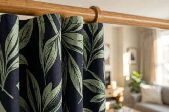 Gros plan sur un rideau occultant à motif botanique en polyester tissé serré, avec des tons bleu marine et vert sauge, monté sur une tringle en bois chêne dans un salon lumineux.