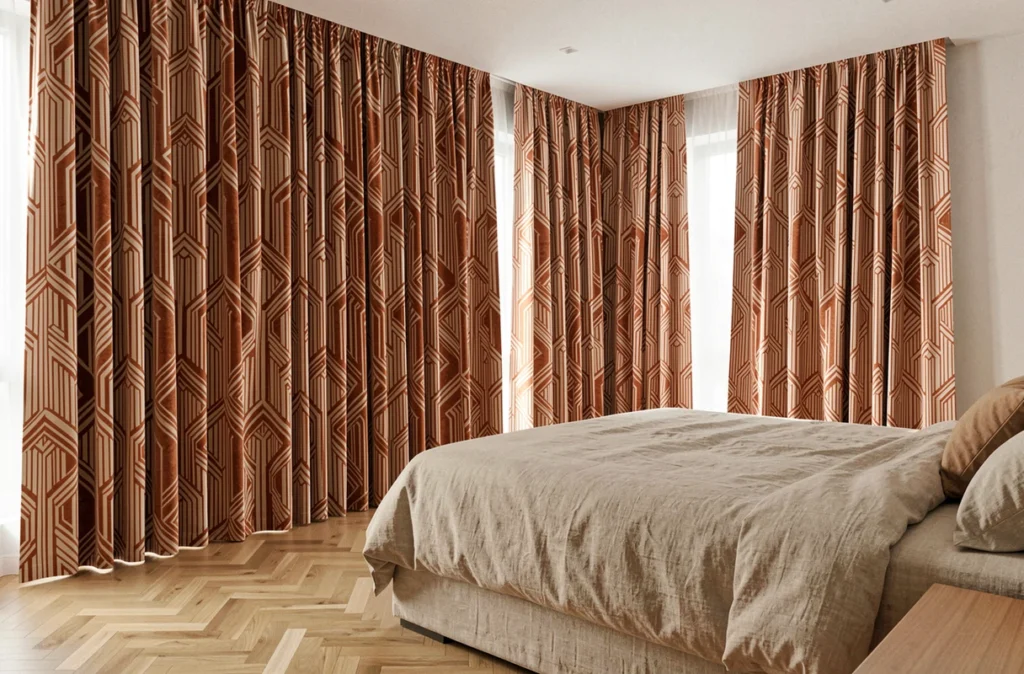 Vue grand angle d'une chambre moderne avec des rideaux occultants sol-plafond à motif géométrique art déco en mélange velours et lin, coloris terracotta et blanc cassé.