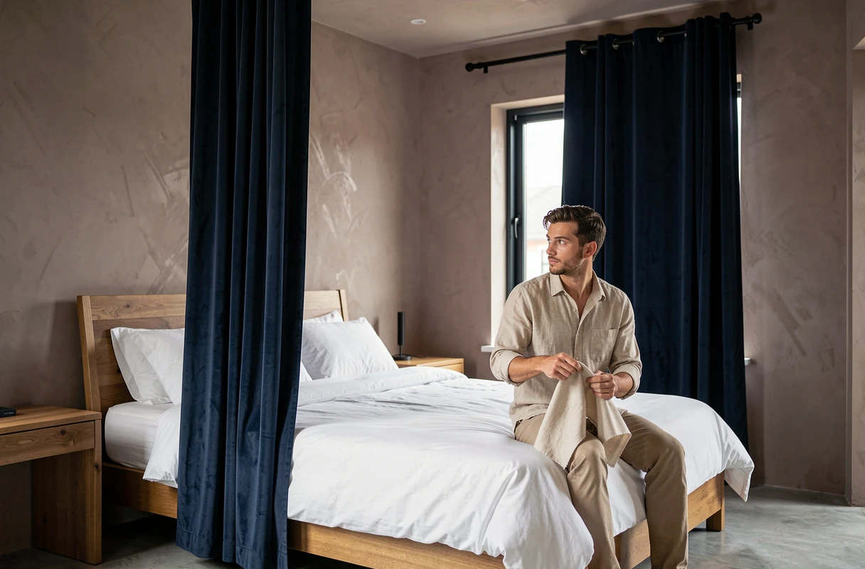 Chambre moderne avec rideaux en velours bleu marine tombant du plafond au sol