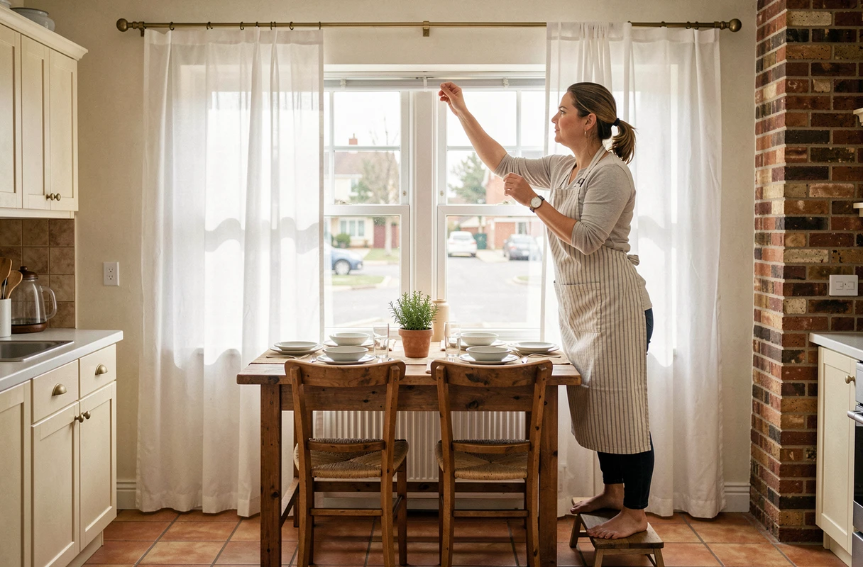 Femme installant des rideaux en voile blanc dans une cuisine rustique avec table en bois