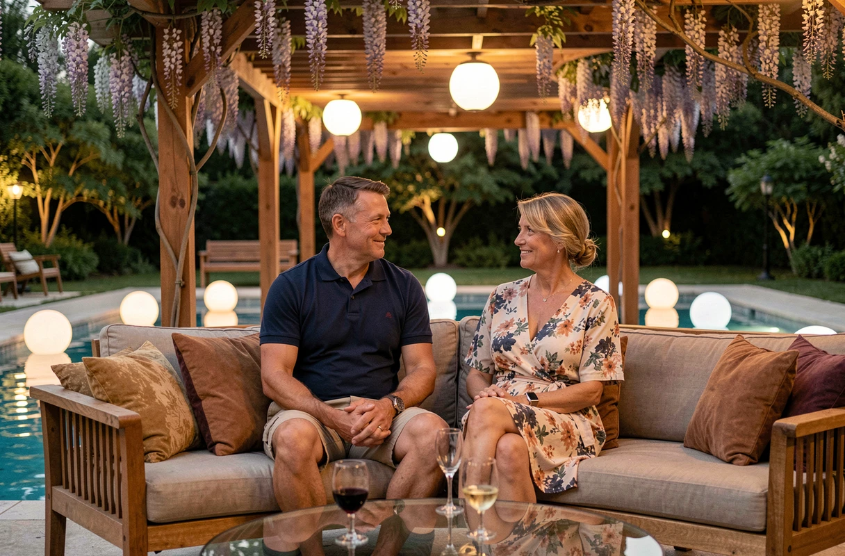 Couple profitant d'une soirée conviviale au bord d'une piscine éclairée par des lampes solaires flottantes