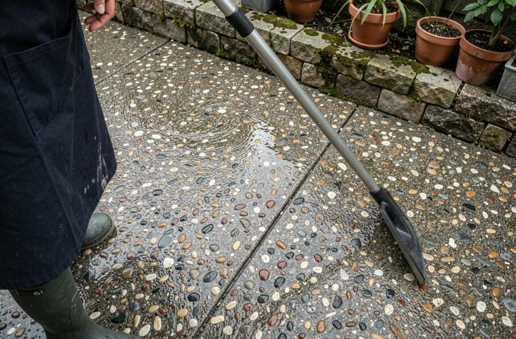 Surface de béton désactivé avec granulats apparents après rinçage dans une cour carrossable résidentielle