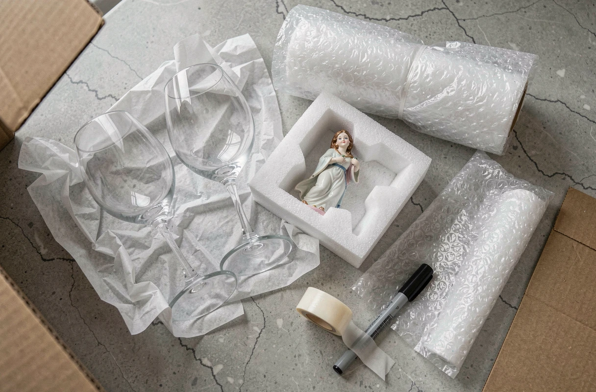 Vue de dessus d'objets fragiles en cours d'emballage sur un plan de travail : verres à vin enveloppés, figurine en porcelaine, papier bulle et matériaux de protection