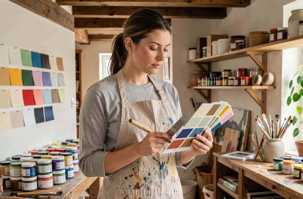 Peintre créative de L'Atelier Chromatique entourée d'échantillons de couleurs dans un atelier artisanal breton