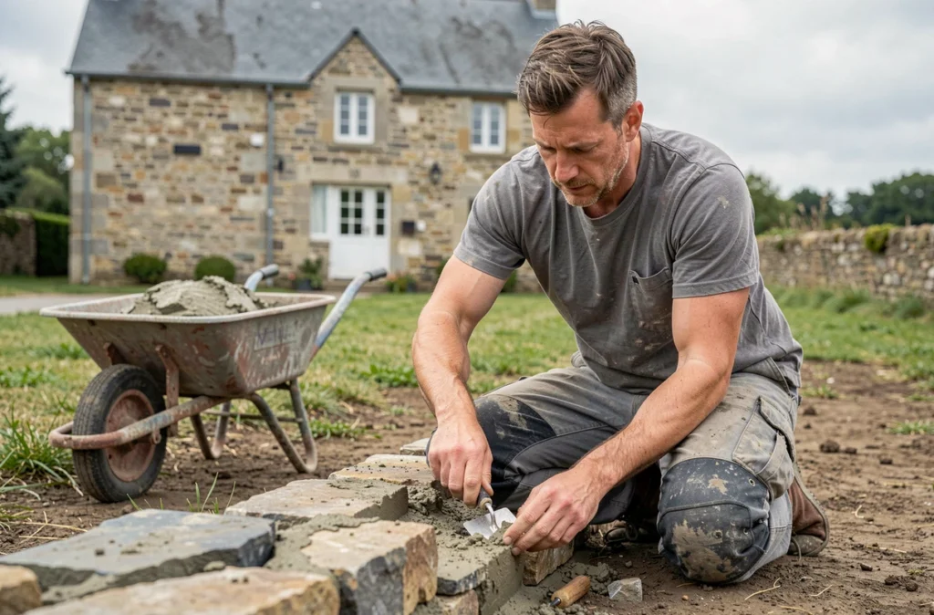Maçon Avril 35 Maçonnerie posant des pierres pour un mur de rénovation dans la campagne de Coësmes en Bretagne