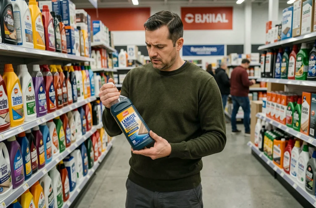 Homme lisant l'étiquette d'un nettoyant pour parquet stratifié dans le rayon d'une grande surface de bricolage