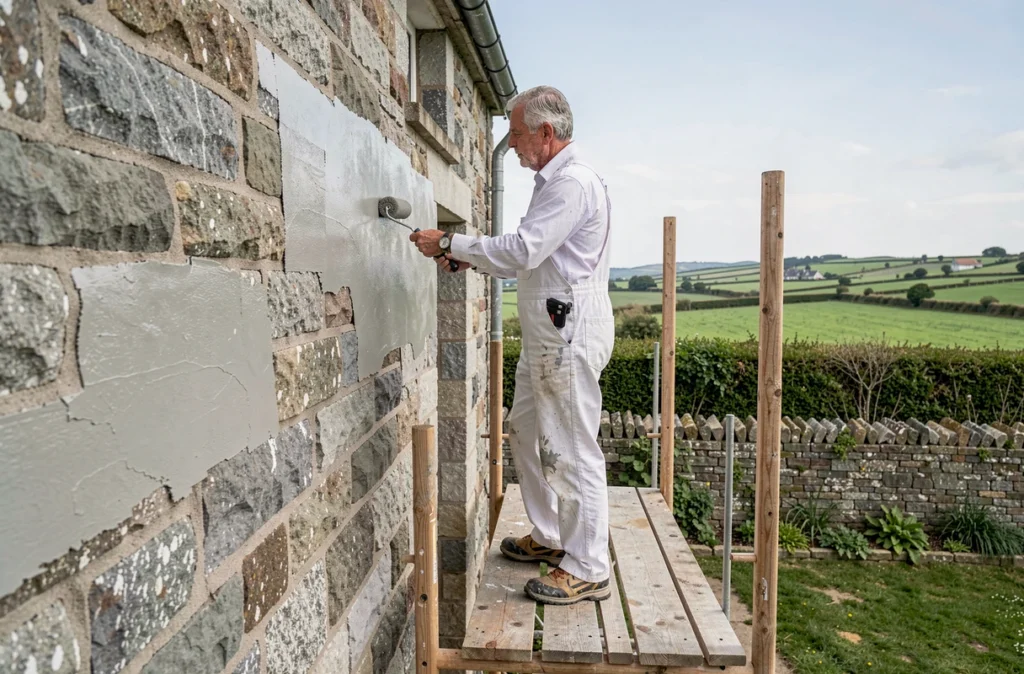 Peintre de Compao Peinture Crach enduisant au rouleau la façade d'une maison en pierre dans la campagne de Crach