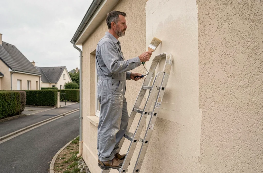 Peintre de Compao Peinture Lanester appliquant une peinture blanche sur la façade d'une maison pavillonnaire à Lanester
