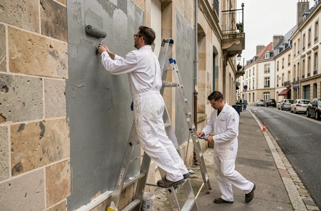 Deux peintres de Compao Peinture Lorient travaillant en équipe sur une façade extérieure grise dans une rue de Lorient