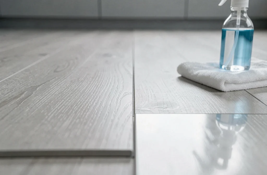 Comparaison entre parquet stratifié mat et brillant avec un flacon de nettoyant et un chiffon microfibre posés sur le sol