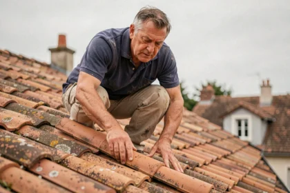 Couvreur inspectant des tuiles en terre cuite sur une toiture en pente d'une maison individuelle