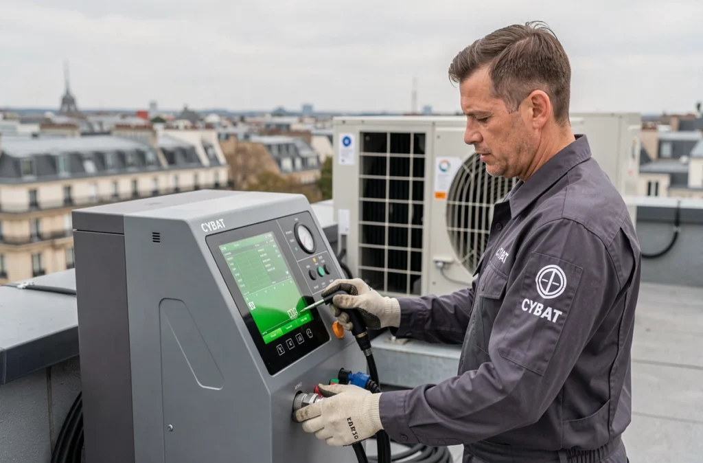 Technicien CYBAT utilisant une station de charge de réfrigérant numérique sur le toit d'un bâtiment commercial parisien