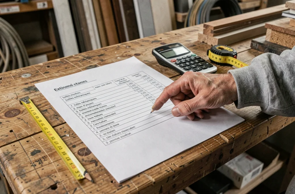 Devis de toiture détaillé avec prix au m2 posé sur un établi de chantier