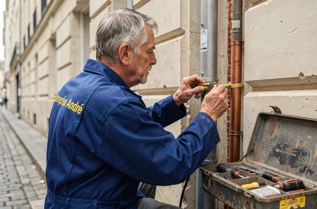 Installateur senior Entreprise André fixant l'isolation des tuyaux de climatisation sur la façade en pierre d'un immeuble parisien classique