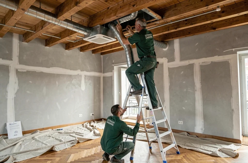 Deux techniciens Estrada Greenhill installant un système de climatisation gainable dans un appartement haussmannien parisien en rénovation