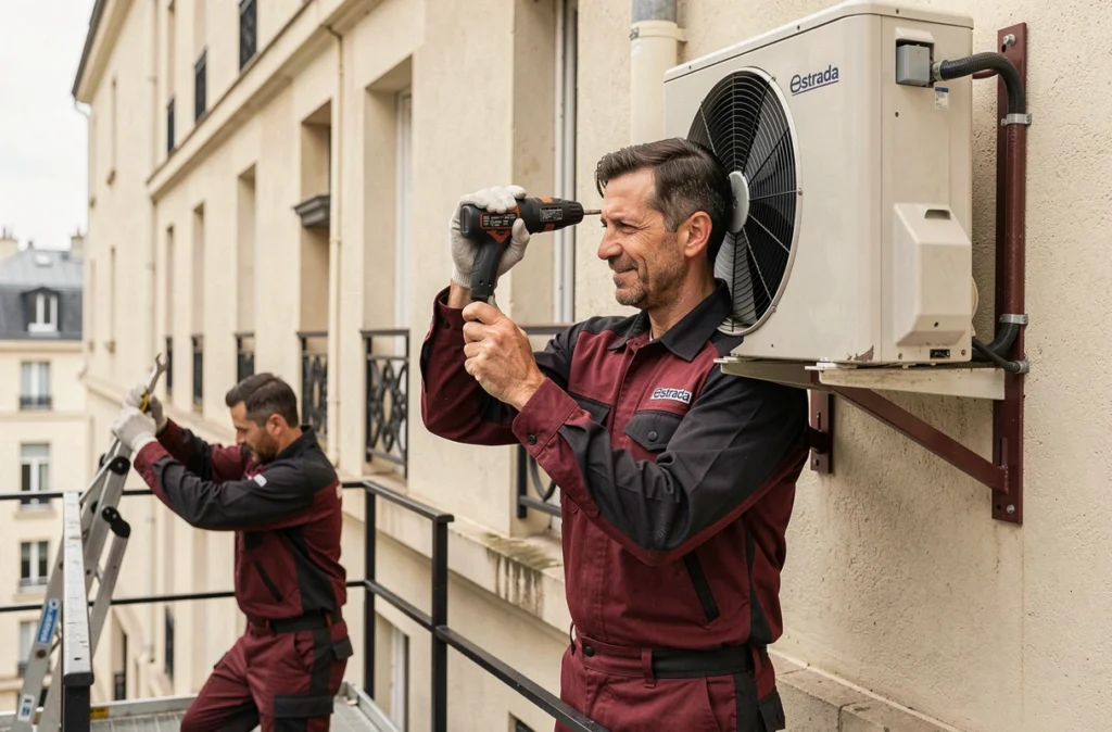 Installateur Estrada fixant une unité extérieure de climatisation sur la façade d'un immeuble résidentiel parisien