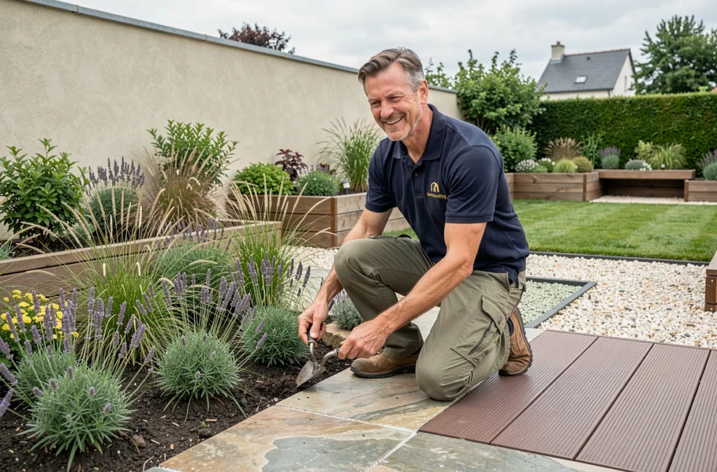 Spécialiste Garden Home Solutions aménageant une terrasse en pierre naturelle dans un jardin breton rénové
