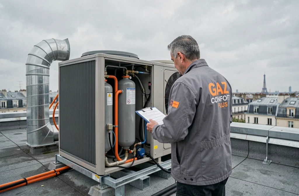 Technicien GAZ CONFORT PLUS inspectant un système de climatisation sur le toit d'un bâtiment commercial parisien