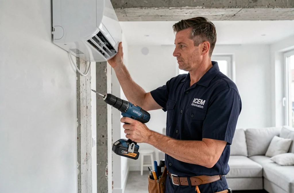 Technicien ICEM Rénovation installant une unité intérieure de climatisation dans un appartement parisien rénové