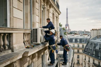 Équipe d'installateurs de climatisation professionnels travaillant sur un immeuble parisien haussmannien