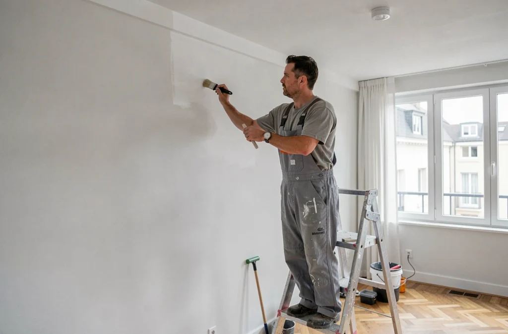 Peintre de Lorient Peinture appliquant un enduit blanc avec précision sur un mur d'appartement moderne à Lorient