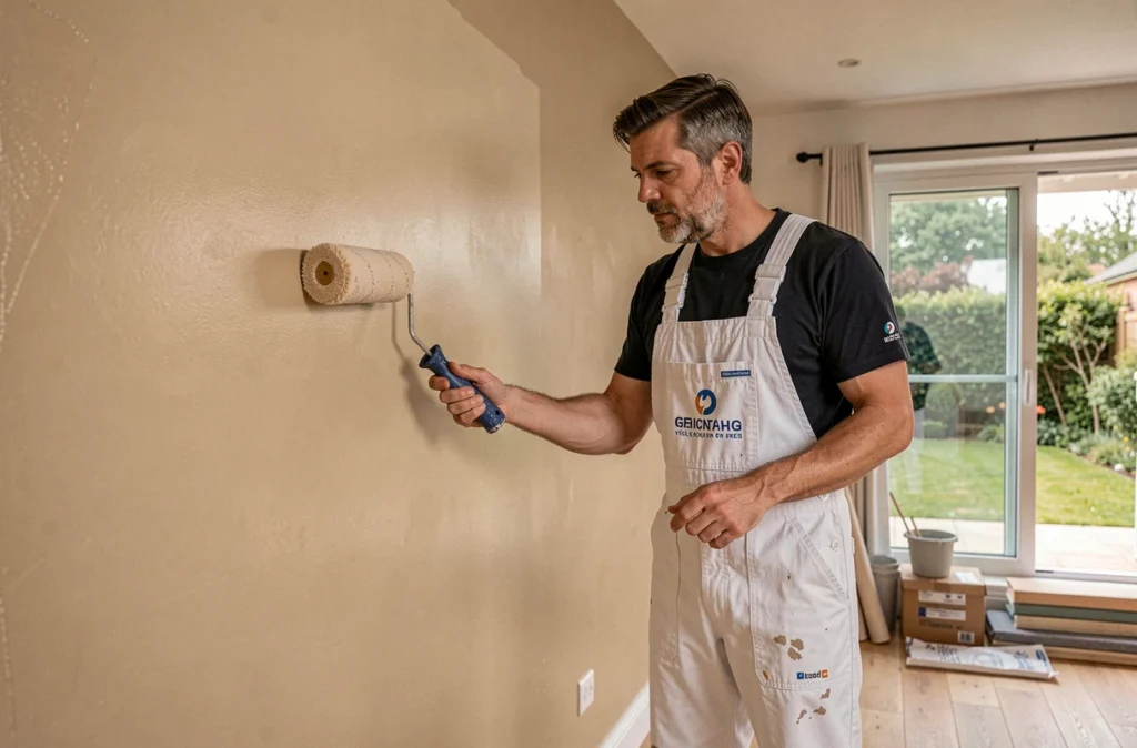 Artisan peintre de MA Baticreatif Renov appliquant une peinture beige sur un mur intérieur avec un rouleau large