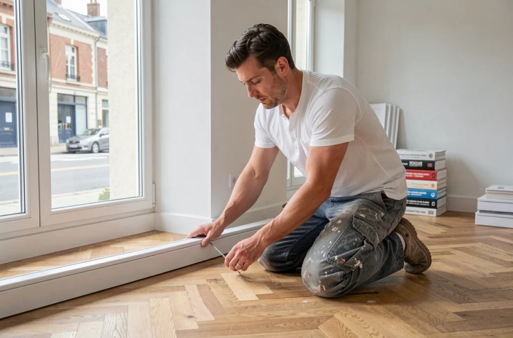 Ouvrier MP Renovation posant des plinthes dans un appartement fraîchement rénové en Ille-et-Vilaine