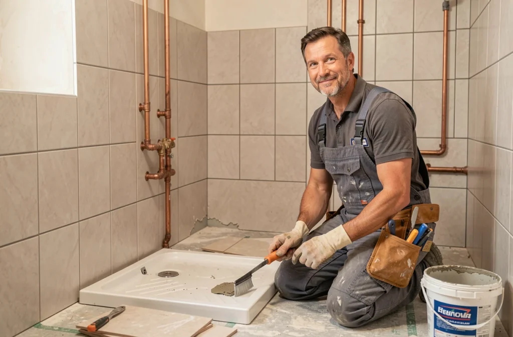 Technicien Multi Services En Bâtiment réalisant des travaux tous corps d'état dans une salle de bain à Gévezé