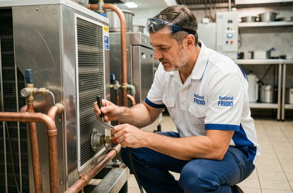 Technicien National Froid raccordant des tuyaux de réfrigérant sur un équipement de refroidissement commercial dans une cuisine parisienne