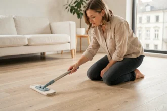 Femme nettoyant un parquet stratifié mat avec une serpillière microfibre et un produit nettoyant spécialisé dans un salon moderne