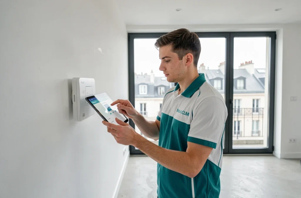 Technicien NovoCLIM programmant un système de climatisation connecté dans un appartement moderne parisien avec vue sur les toits