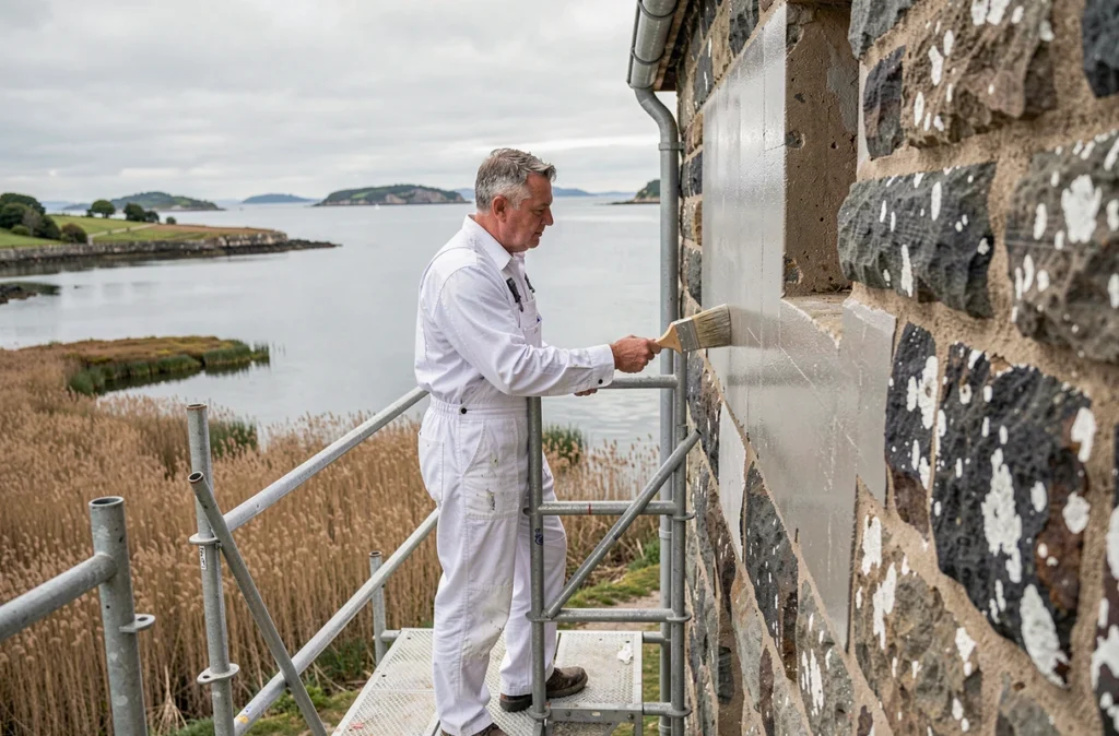 Peintre des Peintures du Golfe travaillant sur une façade bretonne avec vue sur le Golfe du Morbihan en arrière-plan
