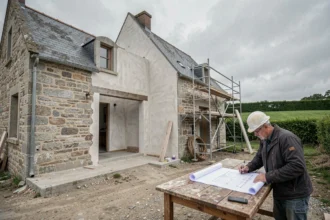 Vue d'ensemble d'une maison bretonne en cours de rénovation avec échafaudages et entrepreneur consultant des plans en Ille-et-Vilaine