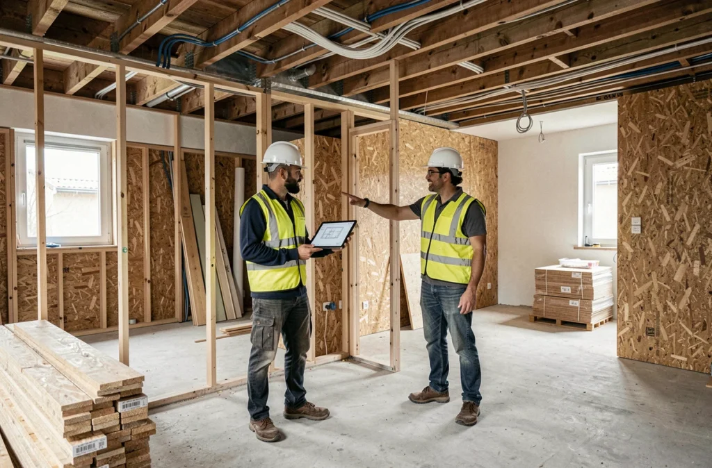 Équipe de rénovation globale Sas Rennes'Ovtout travaillant sur un chantier de maison complète à Rennes