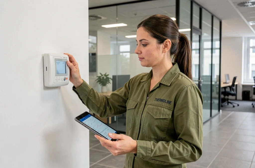 Technicienne THERMOLINE réglant un panneau de contrôle de climatisation dans un bureau moderne parisien