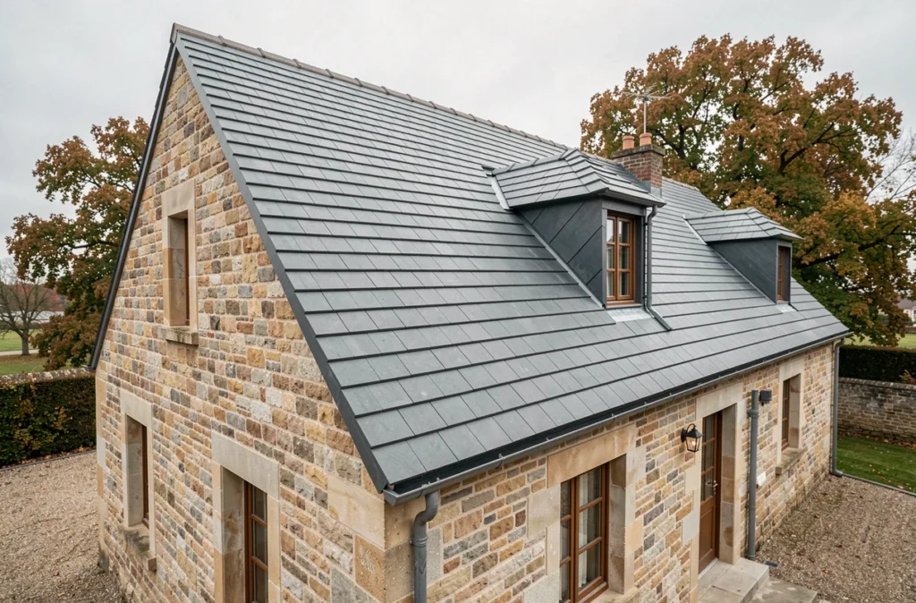 Toiture neuve en tuiles béton gris anthracite sur maison de campagne française