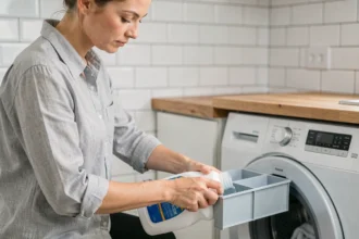 Femme versant du détergent liquide dans le bac à lessive d'une machine à hublot moderne dans une buanderie épurée