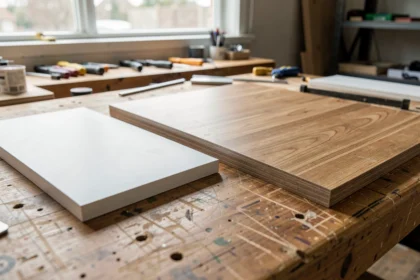 Deux échantillons de panneaux mélaminé et stratifié posés côte à côte